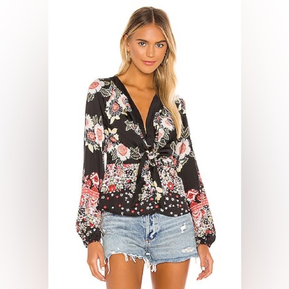 Free People Black and Red Floral Top Size S